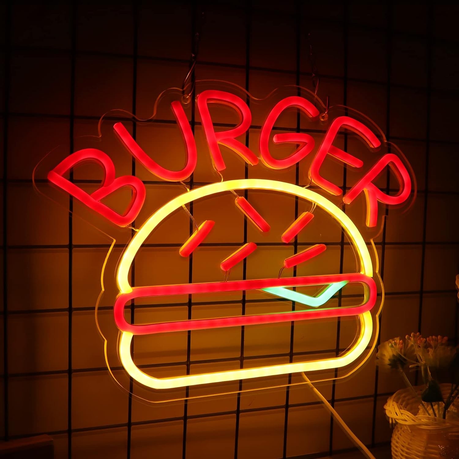 бургер осветлување неонски знак лого на ѕидот